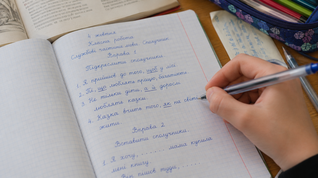 Учениця виконує вправи зі сполучниками