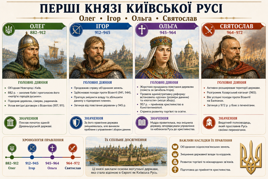 Інфографіка про перших князів Київської Русі — Олега, Ігоря, Ольгу та Святослава з хронологією правління та головними досягненнями