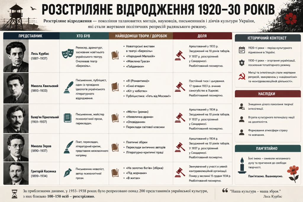 Інфографіка з таблицею представників Розстріляного відродження 1920–1930-х років — їхніми творами, напрямами діяльності та трагічними долями