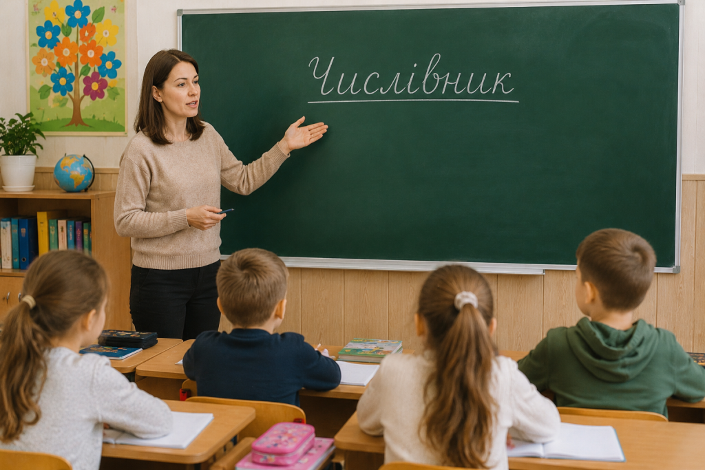 Числівник: розряди, групи за значенням та відмінювання Вчителька пояснює тему «Числівник» учням початкової школи біля зеленої шкільної дошки