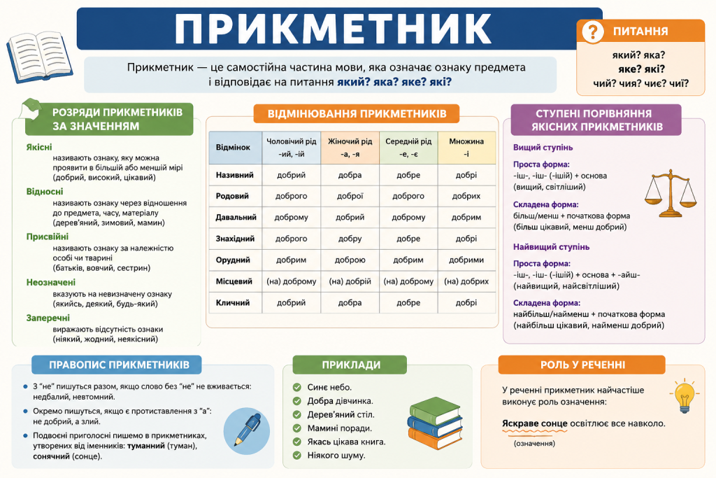 Інфографіка з визначенням прикметника, розрядами за значенням, таблицею відмінювання та ступенями порівняння