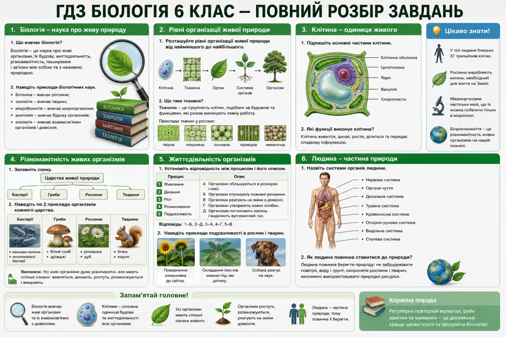 Інфографіка з розбором завдань підручника біології для 6 класу