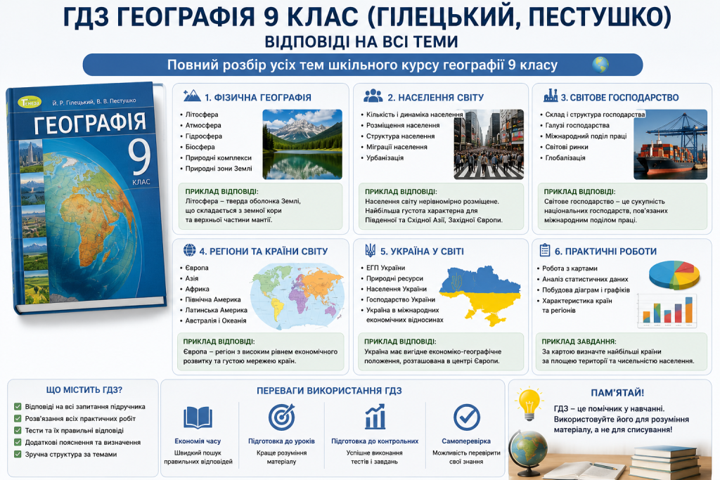 Інфографіка з відповідями на всі теми підручника географії для 9 класу