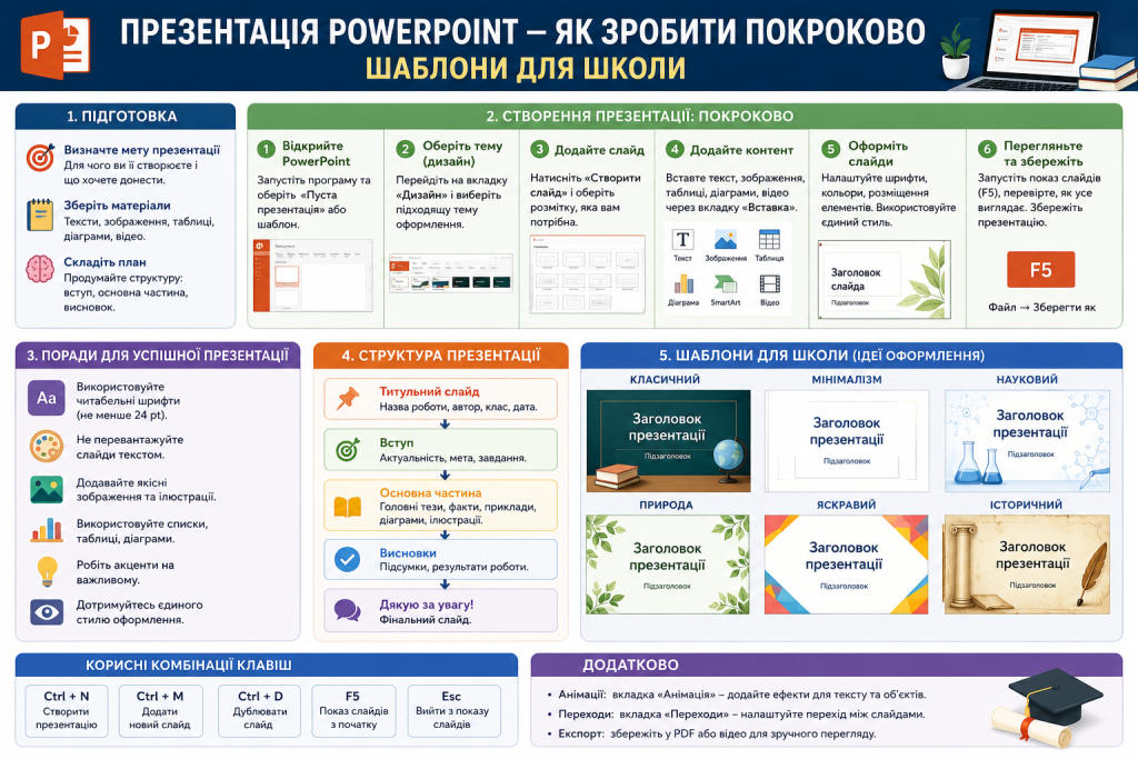 Інфографіка з покроковою інструкцією створення презентації в PowerPoint та прикладами шкільних шаблонів оформлення