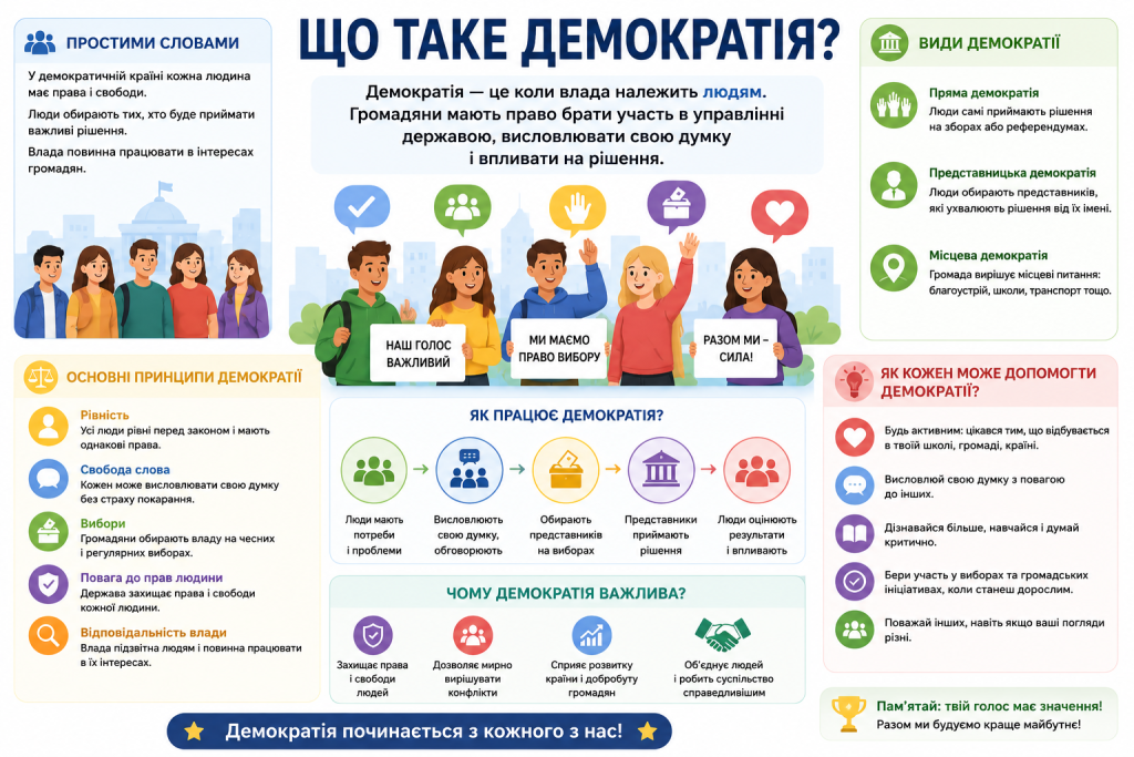 Інфографіка про демократію для школярів з видами, основними принципами та поясненням, як вона працює