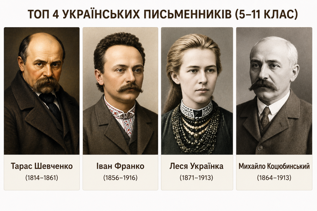 Портрети Тараса Шевченка, Івана Франка, Лесі Українки та Михайла Коцюбинського