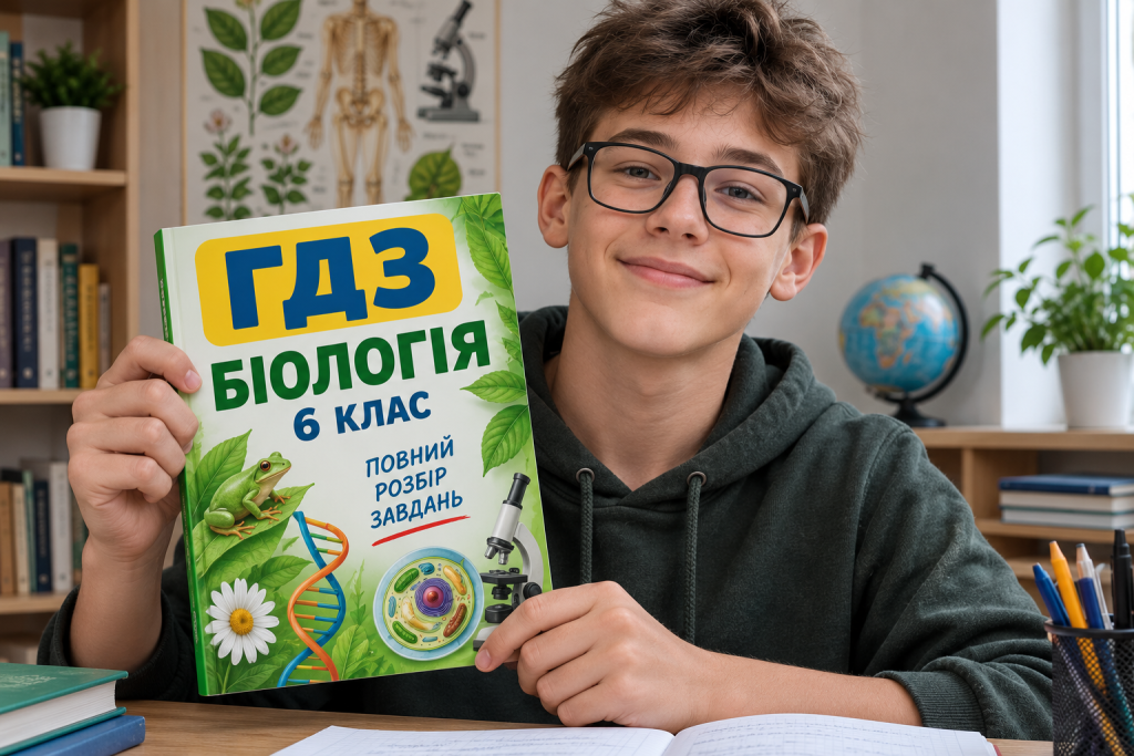 Біологія 6 клас: огляд тем і ключові поняття курсу Підліток у окулярах посміхається, тримаючи посібник ГДЗ з біології для 6 класу