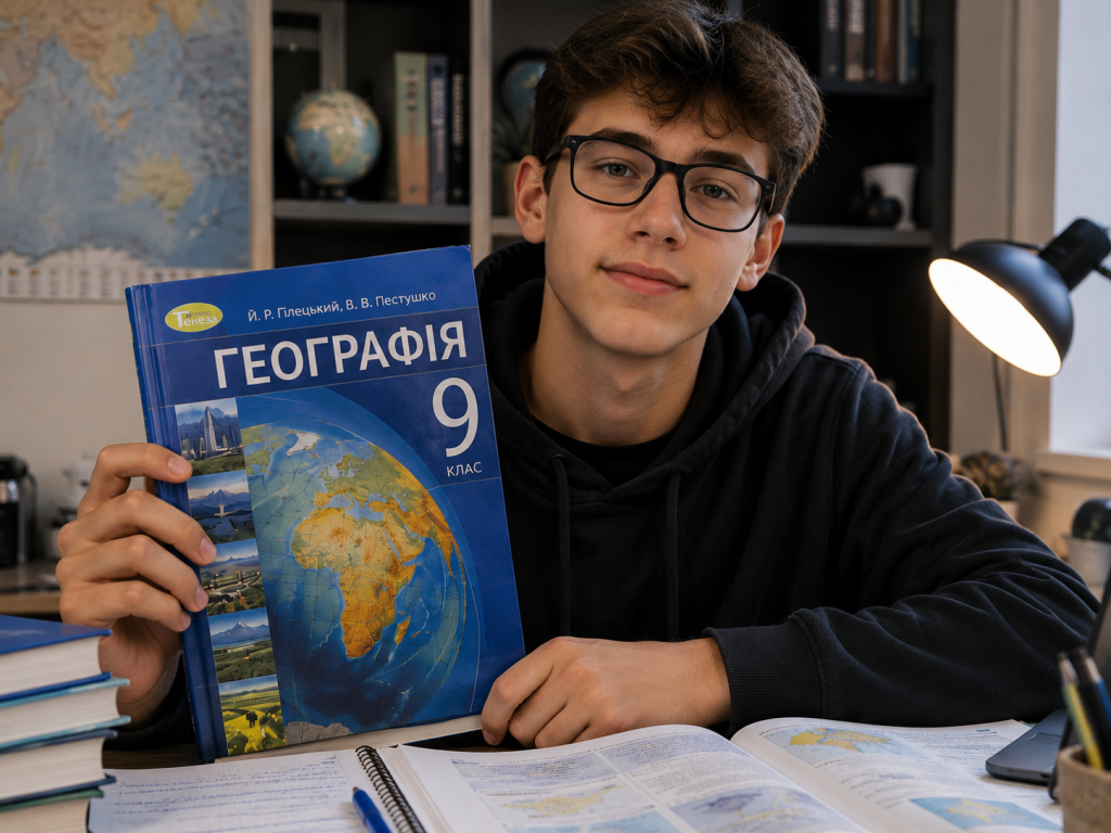 Географія 9 клас: економічна географія України — теми і ключові поняття Підліток тримає підручник з географії для 9 класу за навчальним столом