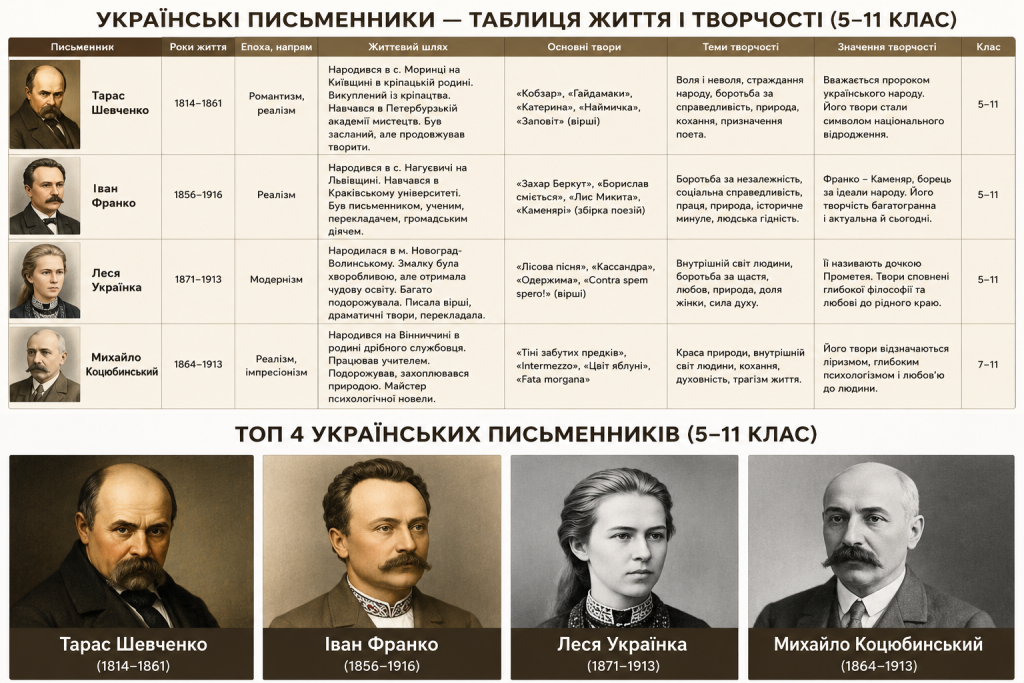Таблиця життя і творчості українських письменників з портретами для учнів 5-11 класу