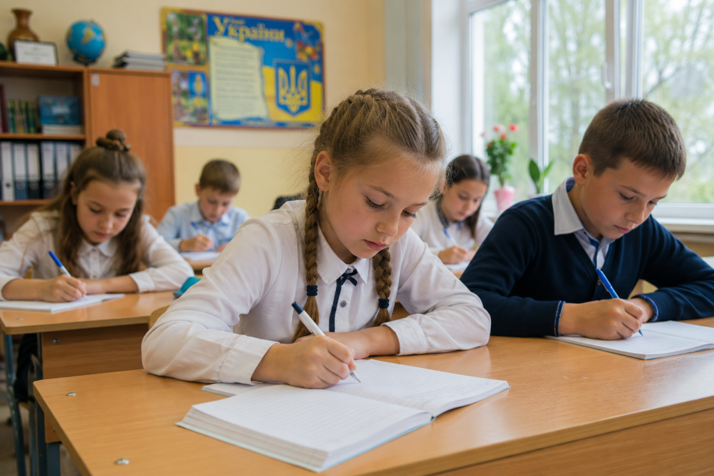 Школярі виконують диктант у класі