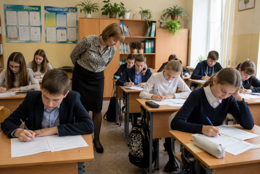 Школярі пишуть контрольну роботу під наглядом учителя