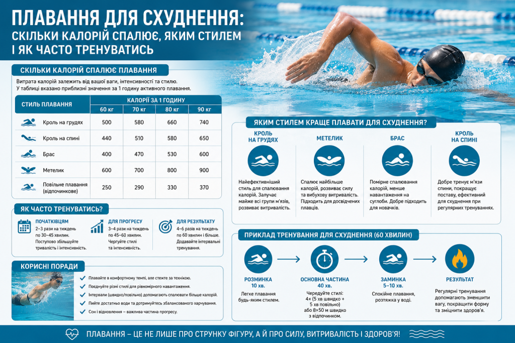 Інфографіка про витрату калорій, стилі плавання та тренування для схуднення